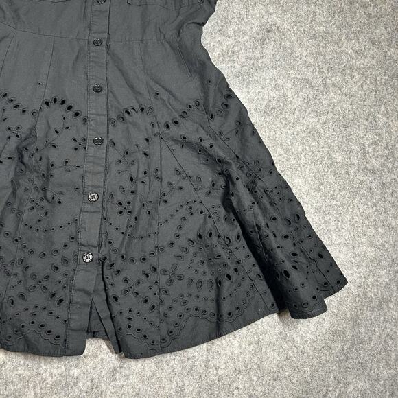 Zara Dress Womens XS Embroidered Eyelet Button Front Black Mini Cotton - Picture 4 of 8